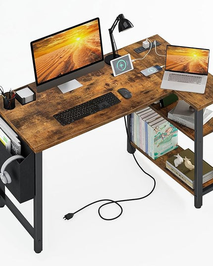 Lufeiya Small L Shaped Desk with Power Outlet Shelves, 40 Inch Corner Desk for Small Space Home Office, L-Shaped Computer Desk PC Desks with Charging Station, Rustic Brown - LeafyLoom