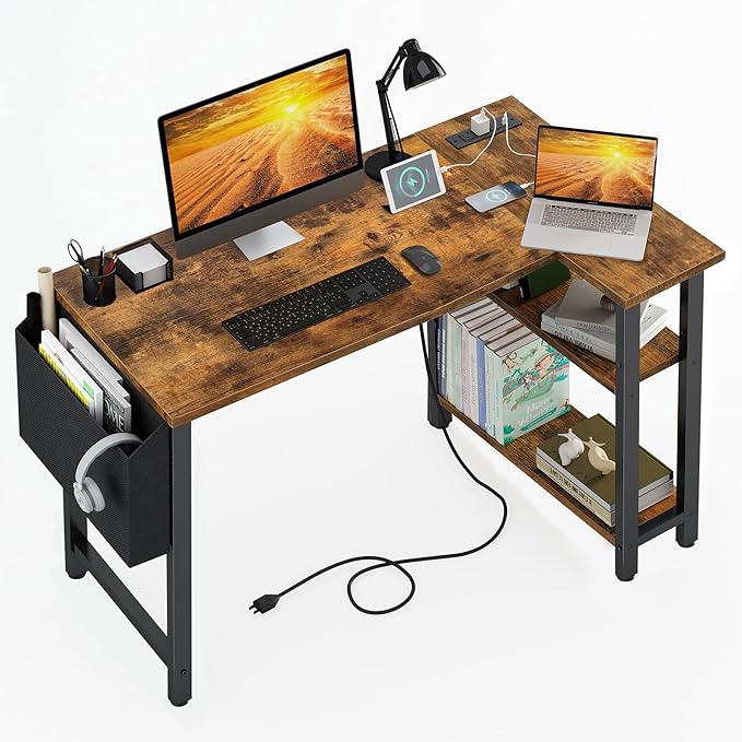 Lufeiya Small L Shaped Desk with Power Outlet Shelves, 40 Inch Corner Desk for Small Space Home Office, L-Shaped Computer Desk PC Desks with Charging Station, Rustic Brown - LeafyLoom
