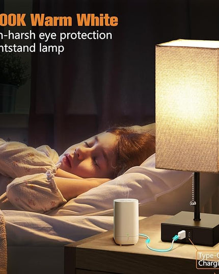 Table Lamp for Bedroom Set of 2, Warm White Bedside Lamps with USB Type C Outlets, Square Pull Chain Nightstand Lamp for Living Room, Office Desk, LED Bulb Included - LeafyLoom