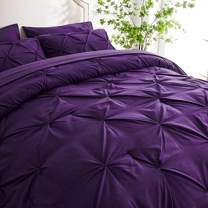 Ubauba 5pc Twin Size Comforter Set with Sheets, Purple Pintuck 5 Piece Bed in a Bag with Comforter, All Season Pinched Bedding Comforters & Sets (Purple,Twin) - LeafyLoom