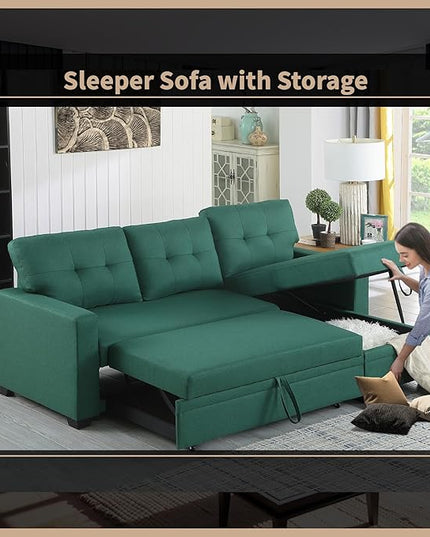 4-in-1 Modular Sofa Bed Pull Out Convertible Living Room Furniture Sets Upholstered, L Shaped Sectional Comfy Couch with Reversible Storage Chaise for Apartment, Studio, Office - Green - LeafyLoom
