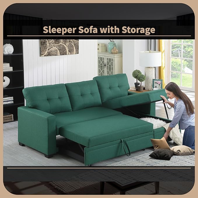 4-in-1 Modular Sofa Bed Pull Out Convertible Living Room Furniture Sets Upholstered, L Shaped Sectional Comfy Couch with Reversible Storage Chaise for Apartment, Studio, Office - Green - LeafyLoom