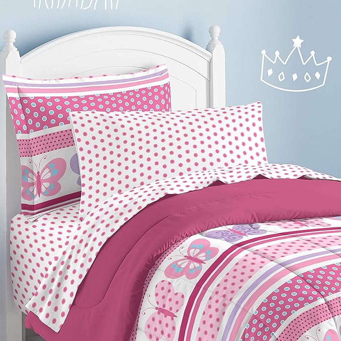 Dream Factory Butterfly Dots Ultra Soft Microfiber Girls Comforter Set, Pink, Twin - LeafyLoom