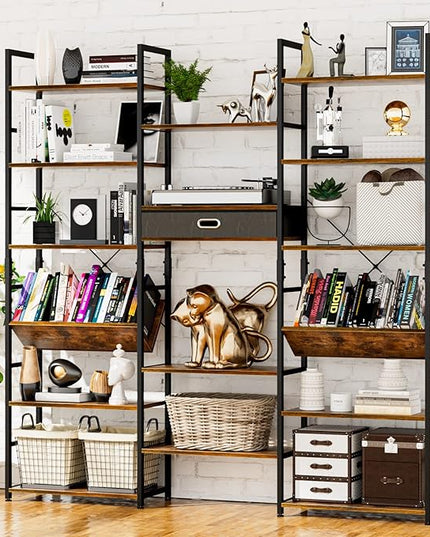 NUMENN Triple Wide 6 Tier Bookshelf, Adjustable Rustic Industrial Style Book Shelves, Modern Bookcases and Bookshelves Furniture for Bedroom, Living Room and Home Office, Vintage Brown - LeafyLoom