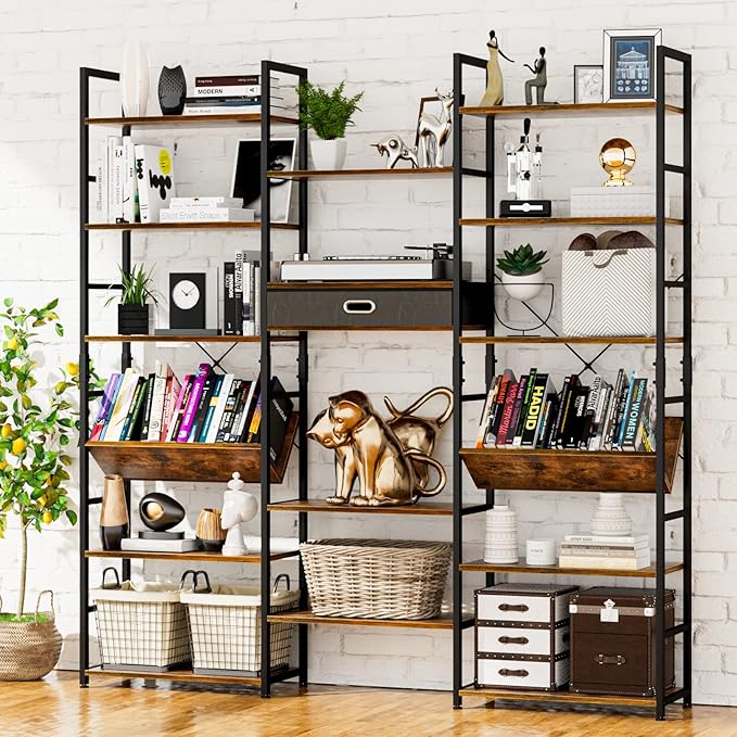 NUMENN Triple Wide 6 Tier Bookshelf, Adjustable Rustic Industrial Style Book Shelves, Modern Bookcases and Bookshelves Furniture for Bedroom, Living Room and Home Office, Vintage Brown - LeafyLoom