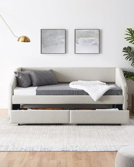 Linen Upholstered Twin Size Daybed with Two Storage Trundle Drawers, Solid Wood Tufted Sofa Bed Frame for Bedroom, Guest Room, Dorm, No Box Spring Needed, Space-Saving Design, Beige - LeafyLoom