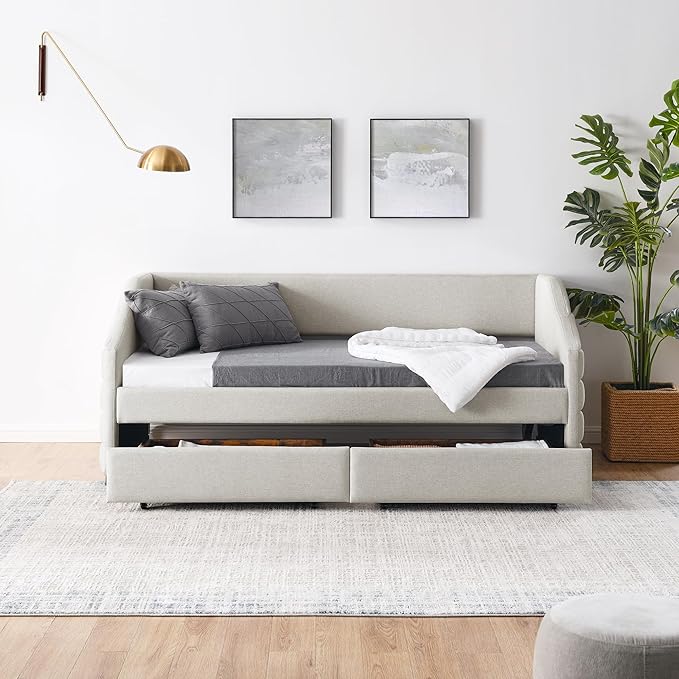 Linen Upholstered Twin Size Daybed with Two Storage Trundle Drawers, Solid Wood Tufted Sofa Bed Frame for Bedroom, Guest Room, Dorm, No Box Spring Needed, Space-Saving Design, Beige - LeafyLoom