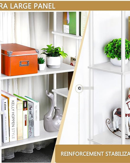 melos 4 Tier Bookshelf, Industrial Bookcase, Large Etagere Bookshelf Open Display Shelves with Metal Frame and 2 Anti-Tipping Strap, White - LeafyLoom