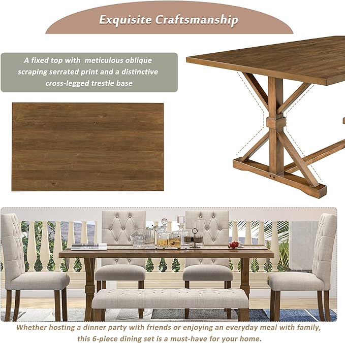 6-Piece Farmhouse Dining Table Set Wood Rectangular Tabletop, 4 Tufted Upholstered Chairs and Bench, for Dinette Room and Kitchen, Walnut, 72" L x 42" W x 30" H - LeafyLoom