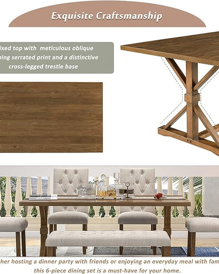 Wood Rectangular Dining Set for 6, includes 1 Table with Cross-Legged Trestle Base, 4 Upholstered High Back Chairs & 1 Bench, Farmhouse Style, Walnut, 72" L x 42" W x 30" H - LeafyLoom