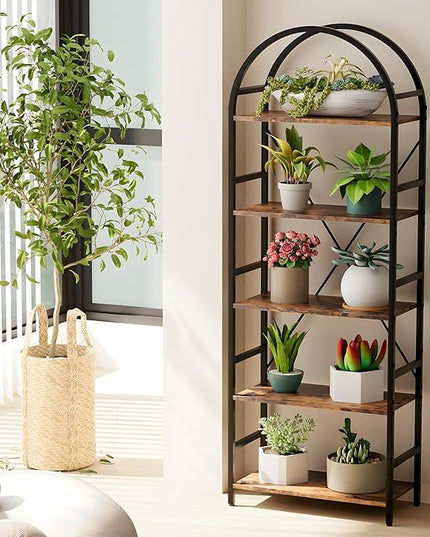5-Tier Bookshelf, 24 Inch Width Industrial Arched Bookcase, Vintage Storage Rack with Open Shelves, Free Standing Shelf for Home Office, Living Room,Bedroom, Rustic Brown - LeafyLoom