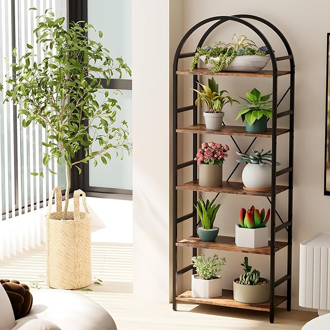 5-Tier Bookshelf, 24 Inch Width Industrial Arched Bookcase, Vintage Storage Rack with Open Shelves, Free Standing Shelf for Home Office, Living Room,Bedroom, Rustic Brown - LeafyLoom