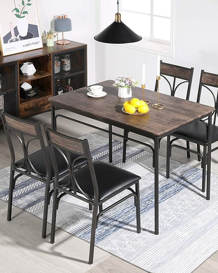 VECELO 5 Piece Kitchen Room Chairs Set for Home, Dinette, Breakfast Nook, Farmhouse, Small Space, Dining Table for 4, Dark Brown - LeafyLoom