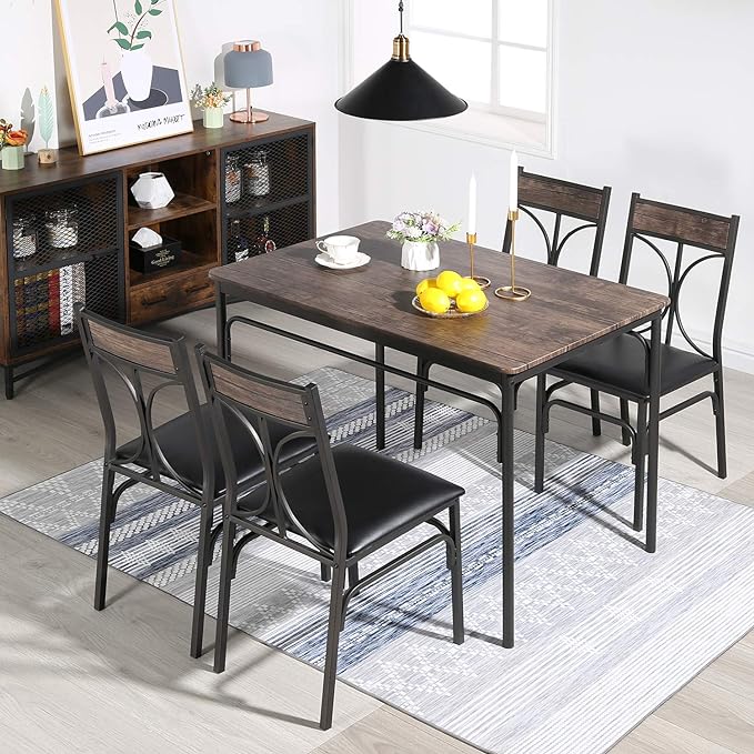 VECELO 5 Piece Kitchen Room Chairs Set for Home, Dinette, Breakfast Nook, Farmhouse, Small Space, Dining Table for 4, Dark Brown - LeafyLoom