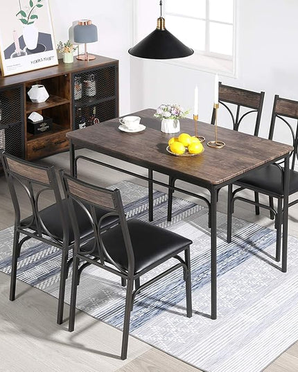 VECELO 5 Piece Kitchen Table Set for Dining Room,Dinette,Breakfast Nook,Industrial Style, Seating for four, Brown - LeafyLoom