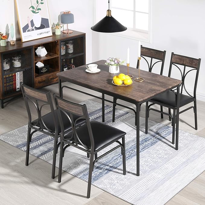 VECELO 5 Piece Kitchen Table Set for Dining Room,Dinette,Breakfast Nook,Industrial Style, Seating for four, Brown - LeafyLoom
