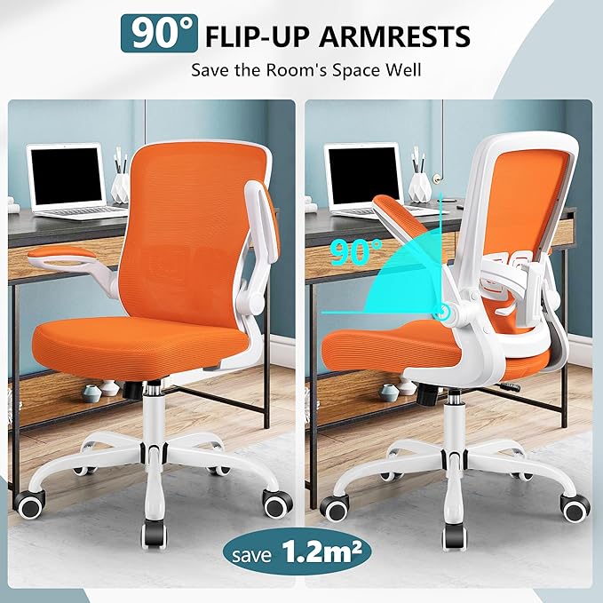 MINLOVE Office Chair Ergonomic Desk Chair with Adjustable Lumbar Support and Height, 90° Flip-up Armrests, Ergo Desk Chairs with Wheels, Home Work Use (Orange) - LeafyLoom