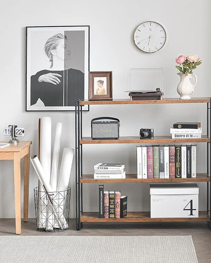 Bookshelf,4-Tier Industrial Bookcase,Rustic Wood and Metal Open Display Book Shelves Home Office,Bedroom Standing Shelf Unit,Horizontal Kitchen Shelf Organizer,Bathroom Storage Rack Mid Century 47in - LeafyLoom