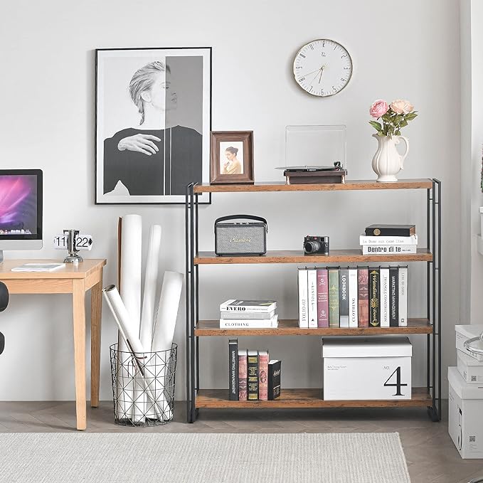 Bookshelf,4-Tier Industrial Bookcase,Rustic Wood and Metal Open Display Book Shelves Home Office,Bedroom Standing Shelf Unit,Horizontal Kitchen Shelf Organizer,Bathroom Storage Rack Mid Century 47in - LeafyLoom