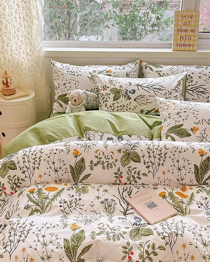 Botanical Comforter Set Twin Cotton White and Green Floral Plant Bedding Set Garden Pattern Printed on White Reversible Blanket 3 PCs 1 White Comforter 2 Pillowcases - LeafyLoom