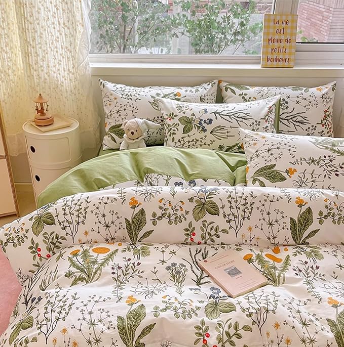 Botanical Comforter Set Twin Cotton White and Green Floral Plant Bedding Set Garden Pattern Printed on White Reversible Blanket 3 PCs 1 White Comforter 2 Pillowcases - LeafyLoom