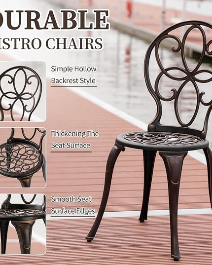3 Piece Outdoor Bistro Set, Cast Aluminum Bistro Table and Chairs Set, Weather Resistant Patio Metal Bistro Sets, Patio Table Set with Umbrella Hole for Balcony Backyard Garden - LeafyLoom