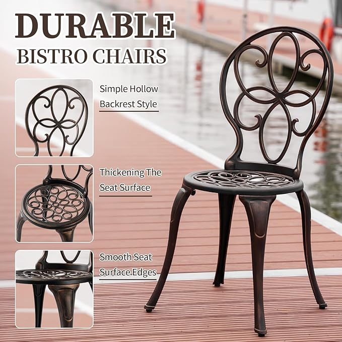 3 Piece Outdoor Bistro Set, Cast Aluminum Bistro Table and Chairs Set, Weather Resistant Patio Metal Bistro Sets, Patio Table Set with Umbrella Hole for Balcony Backyard Garden - LeafyLoom