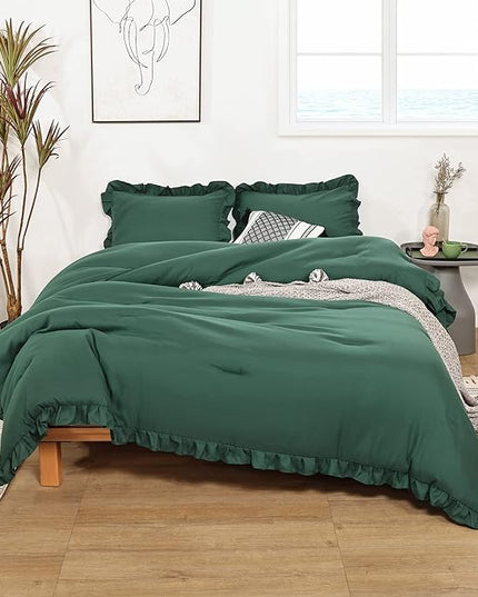 JANZAA Twin Comforter Set Emerald Comforter Set 2PCS (1 Ruffled Comforter Set and 1Pillow case) Fluffy Comforter Set Vintage Farmhouse Shabby Chic Bedding Soft All Season - LeafyLoom