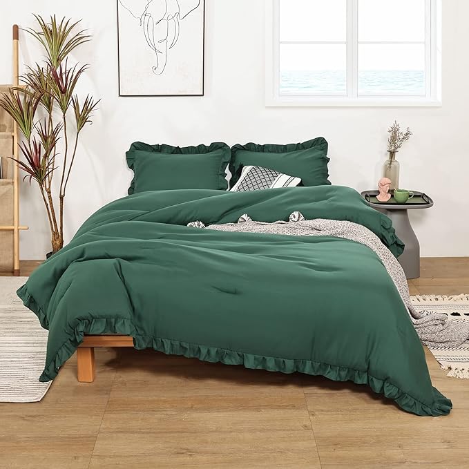 JANZAA Twin Comforter Set Emerald Comforter Set 2PCS (1 Ruffled Comforter Set and 1Pillow case) Fluffy Comforter Set Vintage Farmhouse Shabby Chic Bedding Soft All Season - LeafyLoom