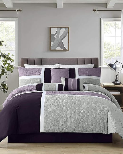 Chezmoi Collection Upland 7-Piece Quilted Patchwork Comforter Set, Lavender/Gray/Purple, Queen - LeafyLoom