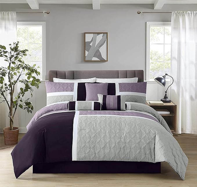 Chezmoi Collection Upland 7-Piece Quilted Patchwork Comforter Set, Lavender/Gray/Purple, Queen - LeafyLoom