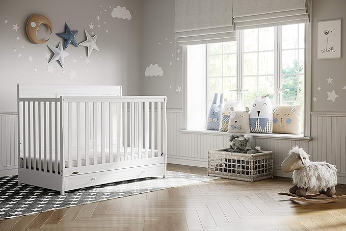 Graco Asheville 4-in-1 Convertible Crib with Drawer (White) – GREENGUARD Gold Certified, Crib with Drawer Combo, Full-Size Nursery Storage Drawer, Converts to Toddler Bed, Daybed and Full-Size Bed - LeafyLoom