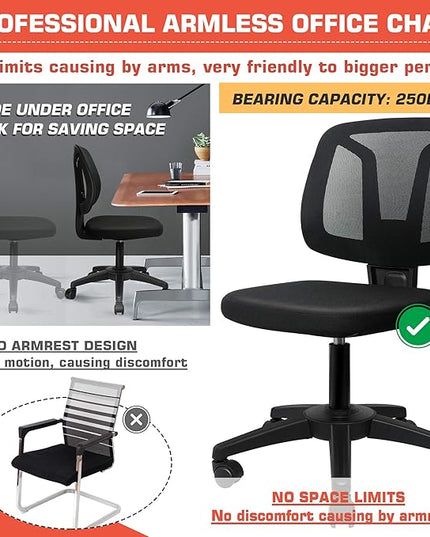 Armless Mesh Office Chair Ergonomic Swivel Black Small Computer Desk Chair No Arms with Lumbar Support Height Adjustable Task Chair for Adults and Kids - LeafyLoom