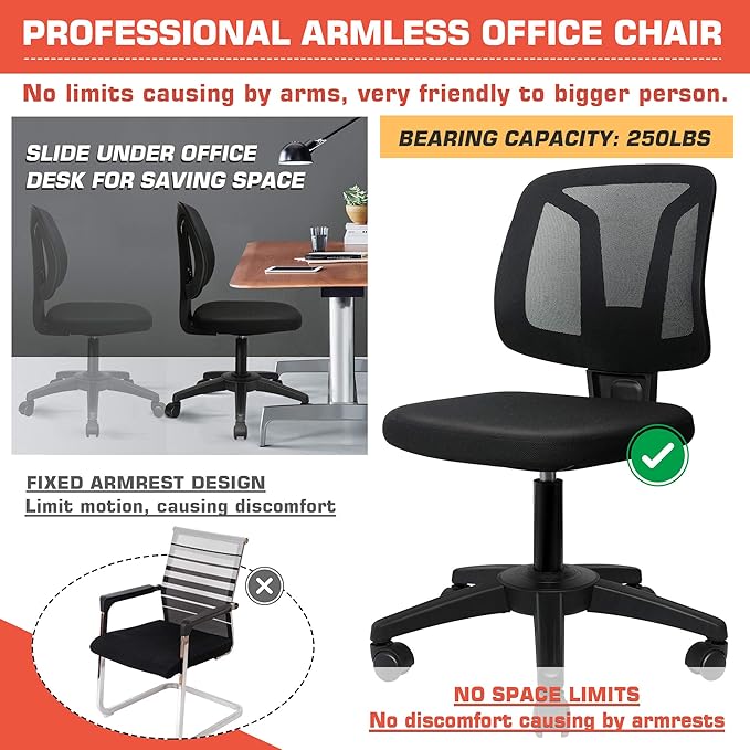 Armless Mesh Office Chair Ergonomic Swivel Black Small Computer Desk Chair No Arms with Lumbar Support Height Adjustable Task Chair for Adults and Kids - LeafyLoom