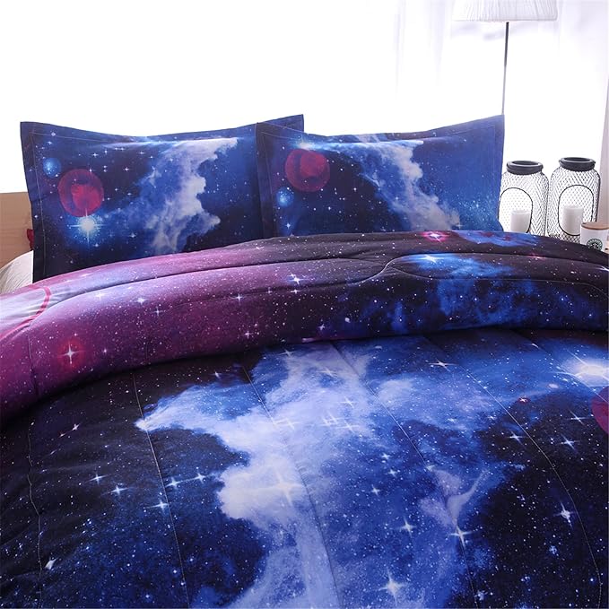 A Nice Night Galaxy Bedding Sets Outer Space Comforter 3D Printed Space Quilt Set Full Size,for Children Boy Girl Teen Kids - Includes 1 Comforter, 2 Pillow Cases - LeafyLoom