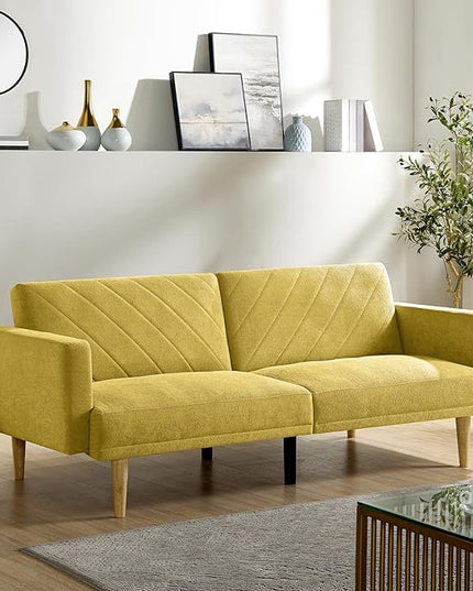 Folding Futon Sofa Tapered Wood Legs,Modern Space Saving Couch,Easily Converts to Single Bed,Easy Assembly,Multi-Functional Loveseat Ideal for Small Home Living Room,Yellow, 76" - LeafyLoom