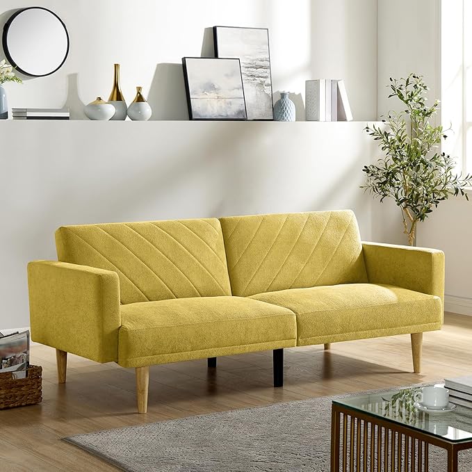 Folding Futon Sofa Tapered Wood Legs,Modern Space Saving Couch,Easily Converts to Single Bed,Easy Assembly,Multi-Functional Loveseat Ideal for Small Home Living Room,Yellow, 76" - LeafyLoom