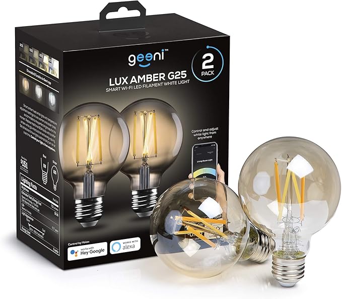 Geeni Smart Light Bulb - Alexa and Google Home Compatible, Amber LED Programmable and Dimmable WiFi Light Bulb, App Controlled (G25-2 Pack) Geeni
