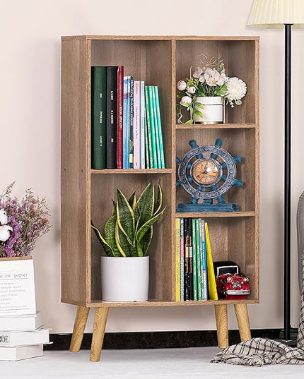 5 Cube Small Bookshelf,3 Tier Mid-Century Modern Bookcase with Legs,Wood Kids Bookshelves Storage Organizer Shelf,Free Standing Narrow Book Shelves,Oak Grey Corner Bookcases for Bedroom,Living Room - LeafyLoom
