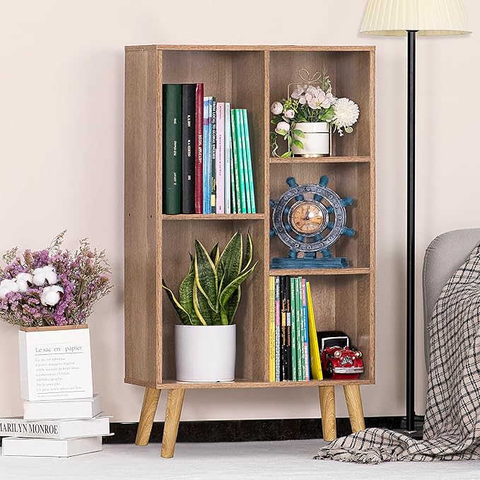 5 Cube Small Bookshelf,3 Tier Mid-Century Modern Bookcase with Legs,Wood Kids Bookshelves Storage Organizer Shelf,Free Standing Narrow Book Shelves,Oak Grey Corner Bookcases for Bedroom,Living Room - LeafyLoom
