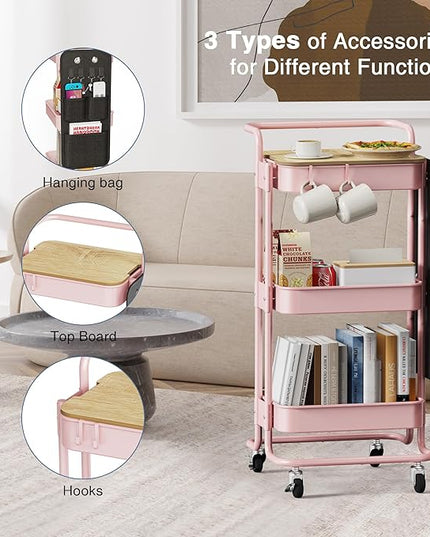 DTK 3 Tier Metal Utility Rolling Cart with Table Top and Side Bags, Metal Tray Storage Organizer Cart with Wheels, Art Craft Cart with 4 Hooks for Kitchen Bathroom Office Living Room (Pink) - LeafyLoom