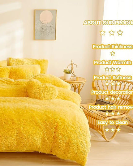 FOPPA Yellow Plush Fluffy Comforter Cover Set Queen - Ultra Soft Faux Fur Yellow Bedding Sets 3 Pieces (1 Shaggy Duvet Cover + 2 Pillow case) Fuzzy Bed Set (Yellow, Queen) - LeafyLoom