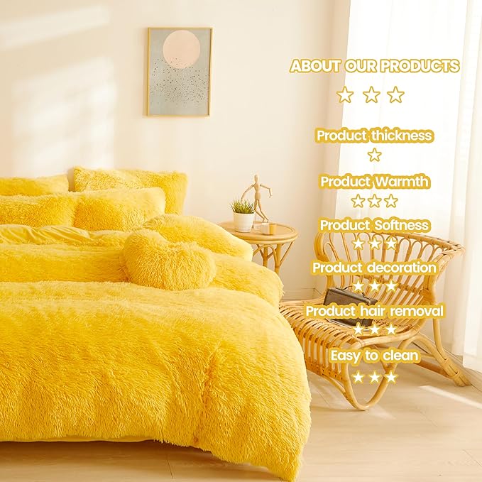 FOPPA Yellow Plush Fluffy Comforter Cover Set Queen - Ultra Soft Faux Fur Yellow Bedding Sets 3 Pieces (1 Shaggy Duvet Cover + 2 Pillow case) Fuzzy Bed Set (Yellow, Queen) - LeafyLoom