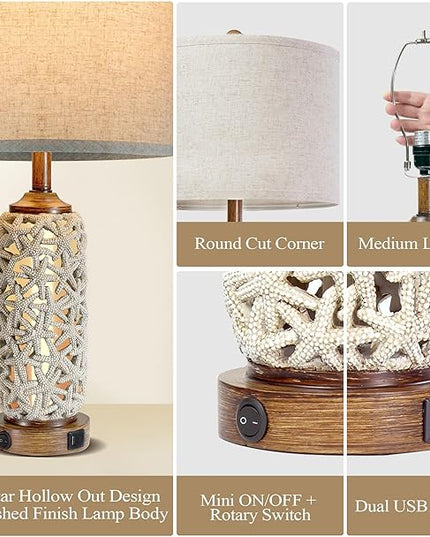 Coastal Nautical Lamp Farmhouse Table Lamps for Living Room Bedroom， Bedside Lamp with Dual USB Port，26.5'' Tall Nightstand Lamps(2 Bulb Included) - LeafyLoom