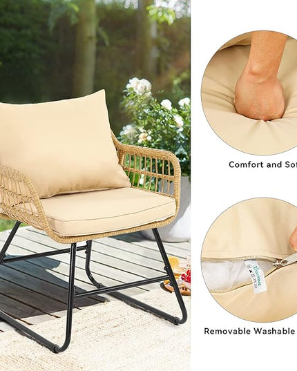 YITAHOME 4-Piece Patio Furniture Wicker Outdoor Bistro Set, All-Weather Rattan Conversation Loveseat Chairs for Backyard, Balcony and Deck with Soft Cushions and Metal Table (Light Brown+Beige) - LeafyLoom