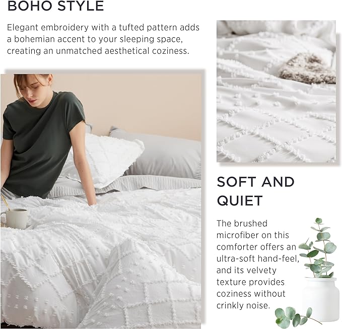 Bedsure Twin/Twin XL Comforter Set - White Boho Twin Extra Long Comforter Set for College, Shabby Chic Dorm Bedding Set, 2 Pieces Modern Farmhouse Bed Set, includes 1 Pillow Sham - LeafyLoom
