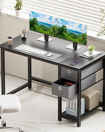 SMUG Computer Desk with Storage Drawers, 47 Inch Small Office Desk Modern Simple Workstation Study Writing Table for Home Bedroom, Black - LeafyLoom