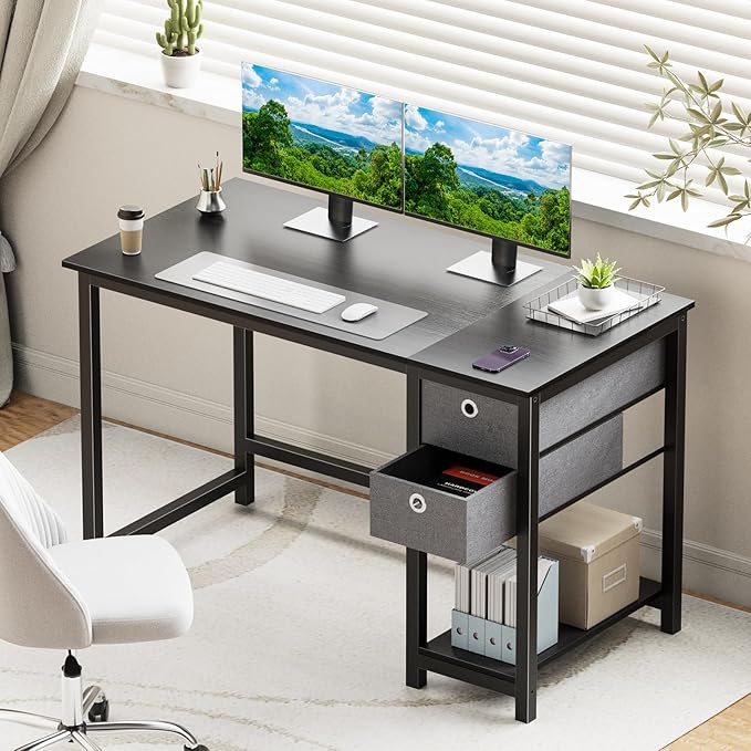 SMUG Computer Desk with Storage Drawers, 47 Inch Small Office Desk Modern Simple Workstation Study Writing Table for Home Bedroom, Black - LeafyLoom