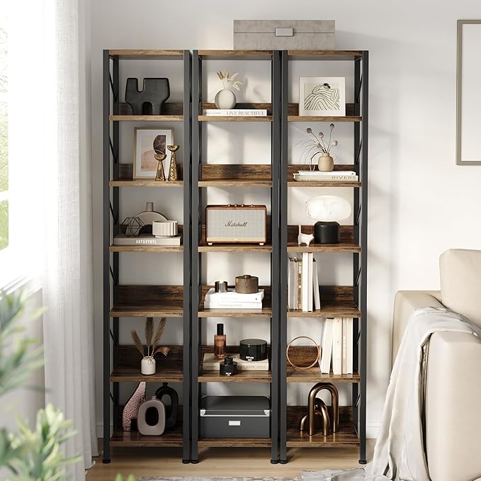IDEALHOUSE Narrow Bookshelf Tall Skinny Bookcase 6 Tier Storage Rack Rustic Corner Shelf Metal Frame Small Freestanding Bookshelves Industrial Display Stand for Bedroom, Living Room, Home Office - LeafyLoom