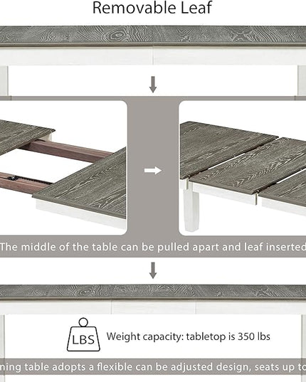 7-Piece Wooden Rectangular Extendable Dining Table and 6 Upholstered Chairs Set for Kitchen Room Furniture, Retro Style, Antique Brown+White, 54"-70" L x 36" W x 30" H - LeafyLoom